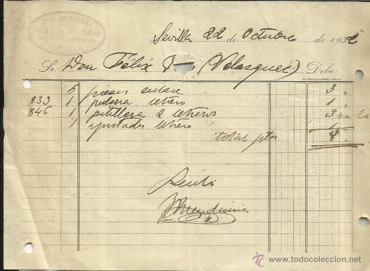 Old Invoices: FACTURA DE JOS&Eacute; MENDUI&Ntilde;A. TALLER DE JOYER&Iacute;A Y GRABADO. SEVILLA. 1932