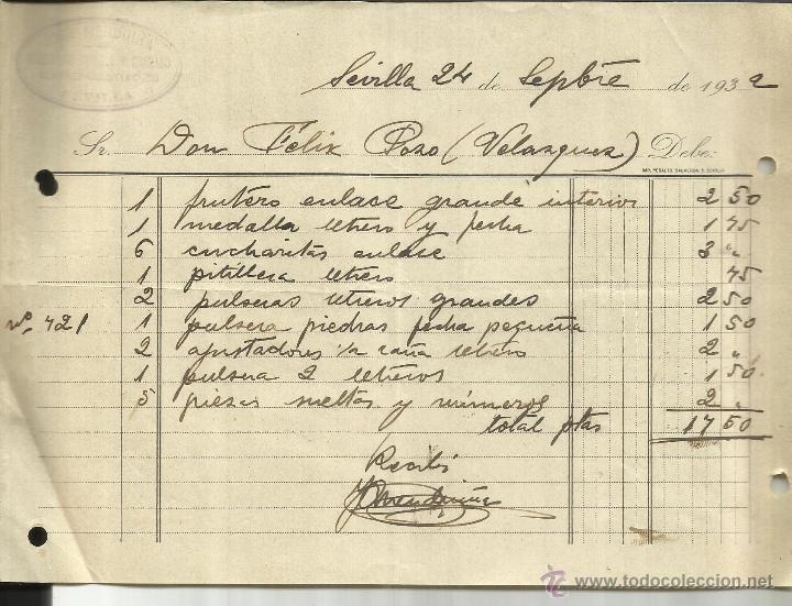 Old Invoices: FACTURA DE JOS&Eacute; MENDUI&Ntilde;A. TALLER DE JOYER&Iacute;A Y GRABADO. SEVILLA. 1932