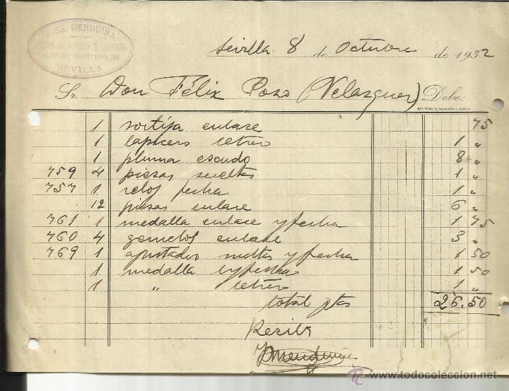 Old Invoices: FACTURA DE JOS&Eacute; MENDUI&Ntilde;A. TALLER DE JOYER&Iacute;A Y GRABADO. SEVILLA. 1932