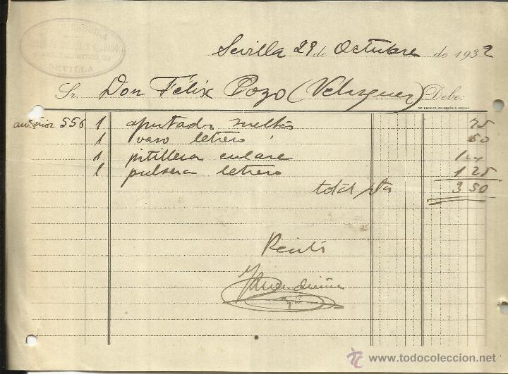 Old Invoices: FACTURA DE JOS&Eacute; MENDUI&Ntilde;A. TALLER DE JOYER&Iacute;A Y GRABADO. SEVILLA. 1932