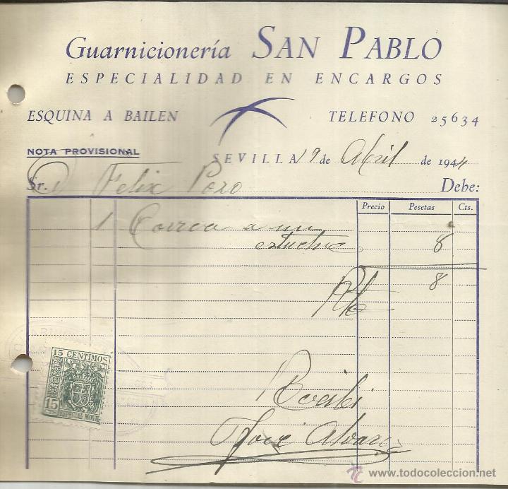 Old Invoices: FACTURA DE GUARNICIONER&Iacute;A SAN PABLO. ESPECIALIDAD EN ENCARGOS. SEVILLA. 1944
