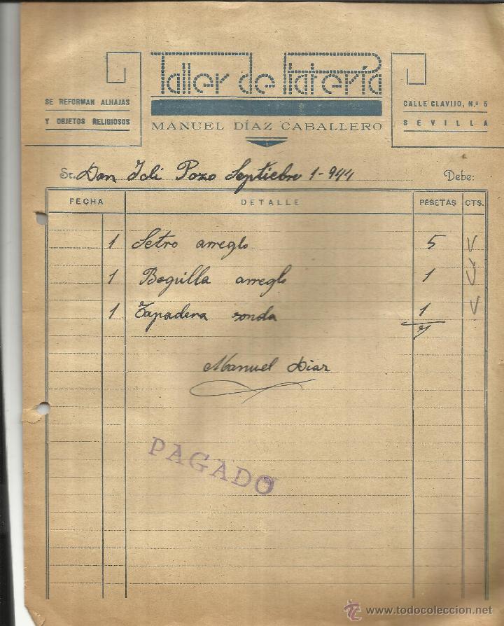 Factures anciennes: FACTURA DE MANUEL D&Iacute;AZ CABALLERO. TALLER DE PLATER&Iacute;A. SEVILLA. 1944