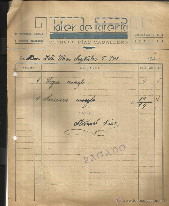 Factures anciennes: FACTURA DE MANUEL D&Iacute;AZ CABALLERO. TALLER DE PLATER&Iacute;A. SEVILLA. 1944