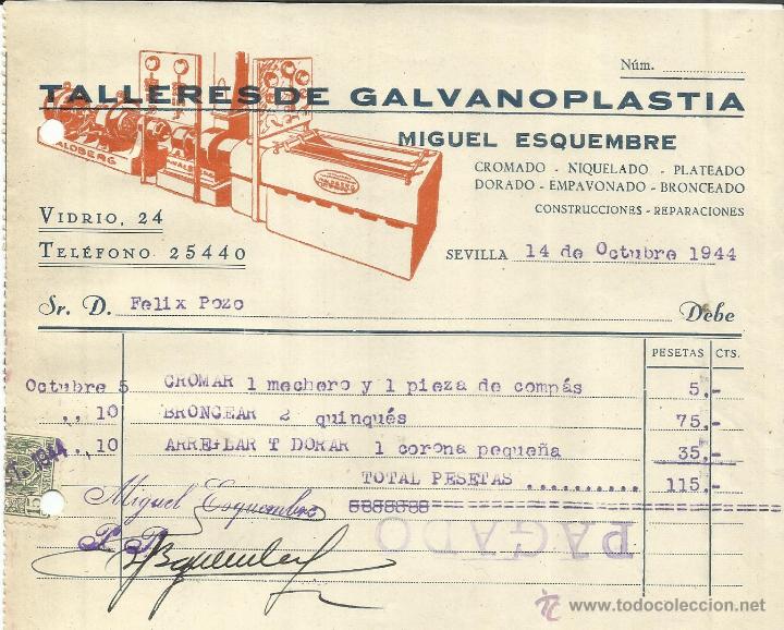 Factures anciennes: FACTURA DE MIGUEL ESQUEMBRE. TALLER DE GALVANOPLASTIA. SEVILLA. 1944