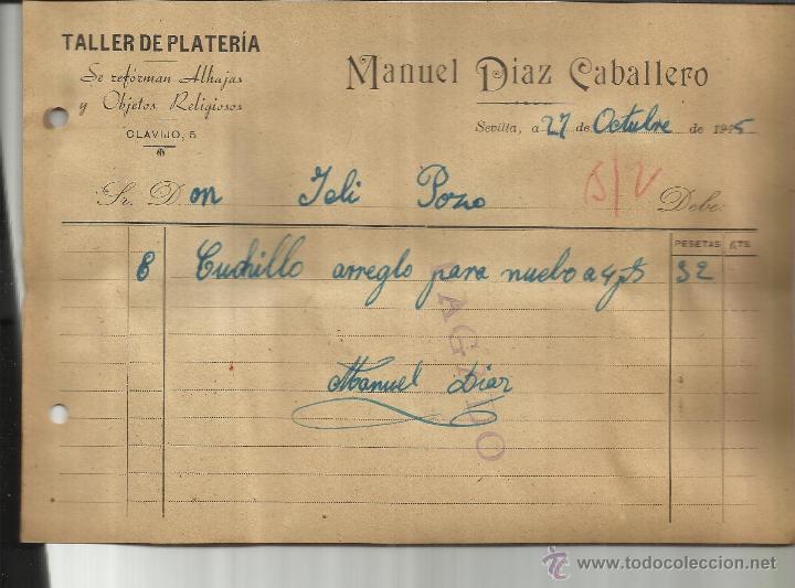 Facturas antiguas: FACTURA DE MANUEL D&Iacute;AZ CABALLERO. TALLER DE PLATER&Iacute;A. SEVILLA. 1945