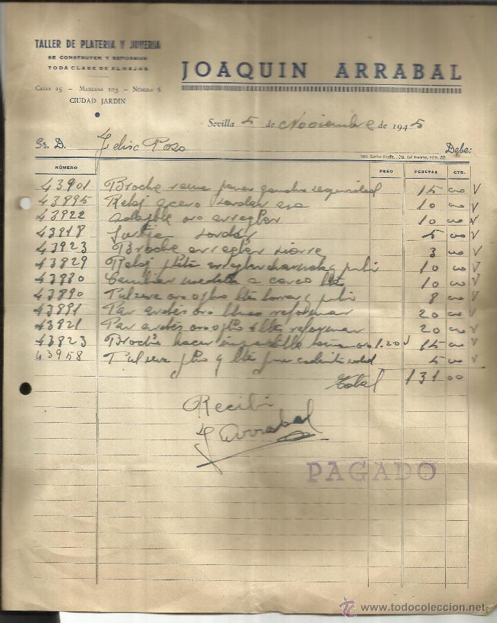 Facturas antiguas: FACTURA DE JOAQU&Iacute;N ARRABAL. TALLER DE PLATER&Iacute;A Y JOYER&Iacute;A. SEVILLA. 1945