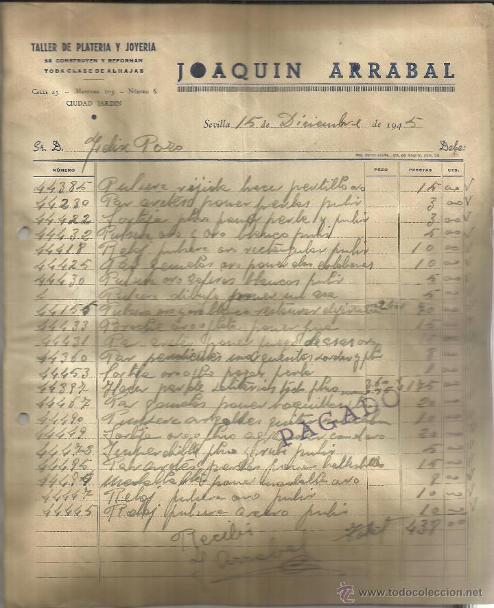 Facturas antiguas: FACTURA DE JOAQU&Iacute;N ARRABAL. TALLER DE PLATER&Iacute;A Y JOYER&Iacute;A. SEVILLA. 1945