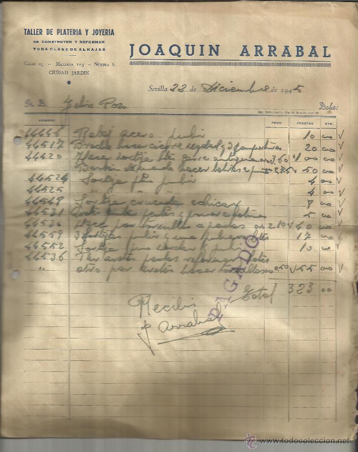 Facturas antiguas: FACTURA DE JOAQU&Iacute;N ARRABAL. TALLER DE PLATER&Iacute;A Y JOYER&Iacute;A. SEVILLA. 1945