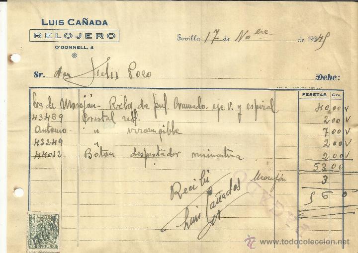 Facturas antiguas: FACTURA DE LUIS CA&Ntilde;ADA. RELOJERO. SEVILLA. 1945
