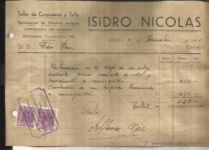 Facturas antiguas: FACTURA DE ISIDRO NICOL&Aacute;S. TALLER DE CARPINTER&Iacute;A Y TALLA. RESTAURACI&Oacute;N DE MUEBLES. SEVILLA.1945