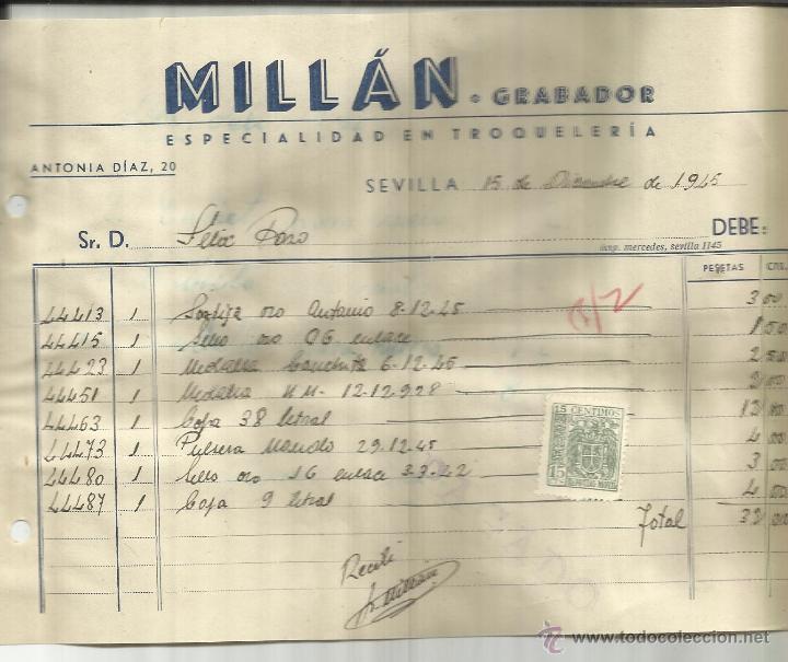 Facturas antiguas: FACTURA DE MILL&Aacute;N. GRABADOR. ESPECIALIDAD EN TROQUELER&Iacute;A. SEVILLA. 1945