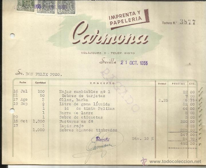 Facturas antiguas: FACTURA DE CARMONA. IMPRENTA Y PAPELER&Iacute;A. SEVILLA. 1955