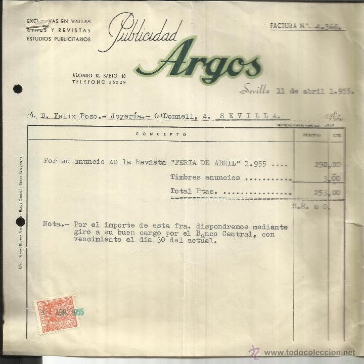 Fatture antiche: FACTURA DE PUBLICIDAD ARGOS. VALLAS, CINES Y REVISTAS. SEVILLA. 1955