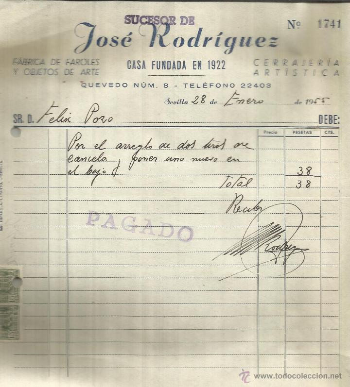 Fatture antiche: FACTURA DE SUCESOR DE JOS&Eacute; RODR&Iacute;GUEZ. F&Aacute;BRICA DE FAROLES. SEVILLA. 1955