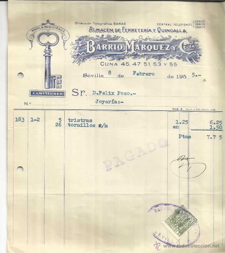 Fatture antiche: FACTURA DE BARRIO M&Aacute;RQUEZ Y CIA. FERRRETER&Iacute;A Y QUINCALLA. SEVILLA. 1955
