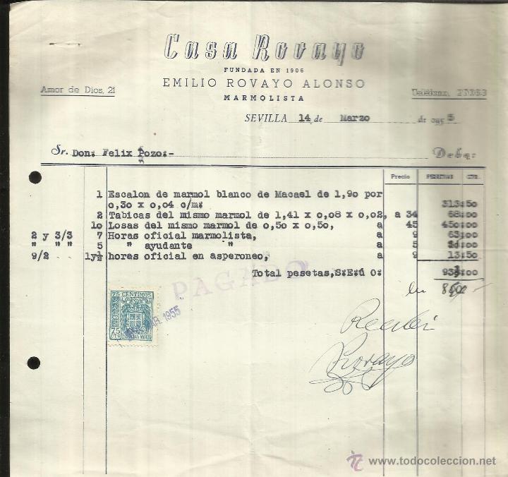 Fatture antiche: FACTURA DE EMILIO ROVAYO ALONSO. MARMOLISTA. SEVILLA. 1955