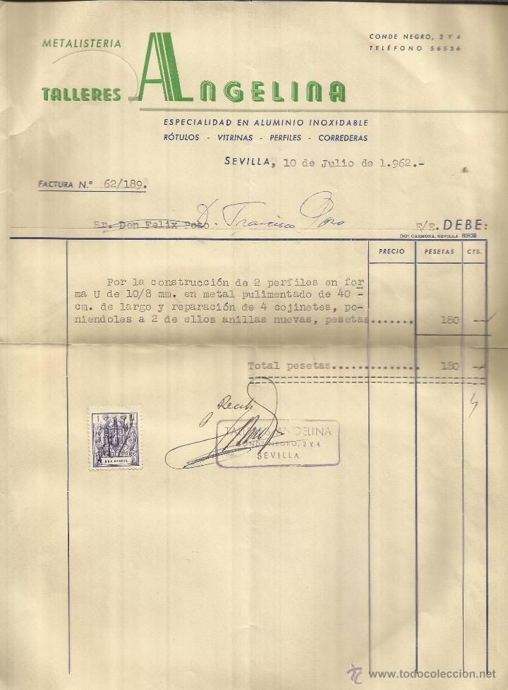 Fatture antiche: FACTURA DE TALLERES ANGELINA. METALISTER&Iacute;A. SEVILLA. 1962