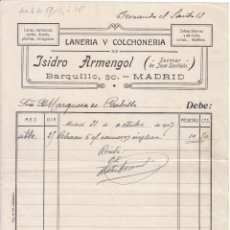Faturas antigas: FACTURA ANTIGUA. LANERÍA Y COLCHONERÍA ISIDRO ARMENGOL. MADRID. 1917. Lote 45755256