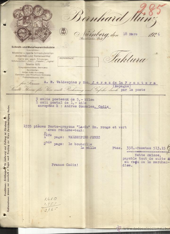 Fatture antiche: FACTURA DE BERNHARD M&Uuml;NZ. N&Uuml;NBERG. ALEMANIA. 1926