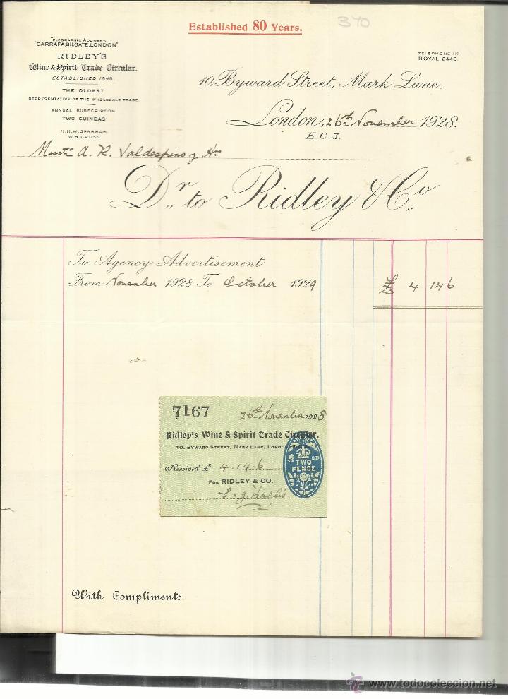 Fatture antiche: FACTURA DE RIDLEY & C&ordm;. WINE & SPIRIT TRADE CIRCULAR. LONDON. GRAN BRETA&Ntilde;A. 1928