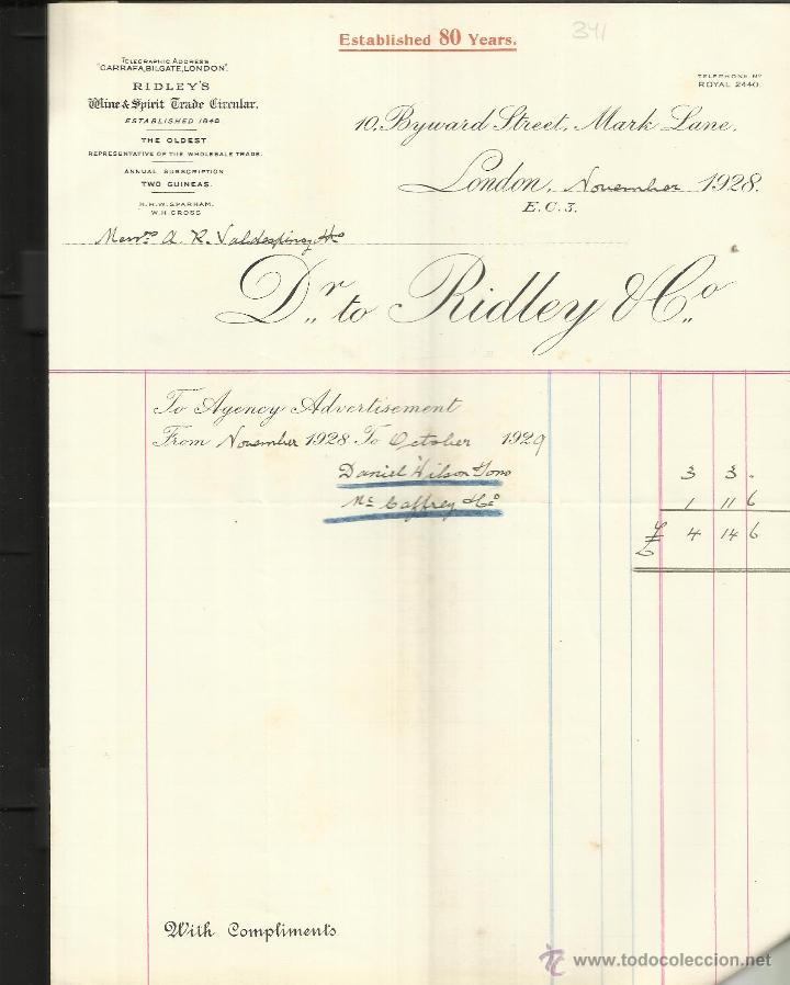 Fatture antiche: FACTURA DE RIDLEY & C&ordm;. WINE & SPIRIT TRADE CIRCULAR. LONDON. GRAN BRETA&Ntilde;A. 1928