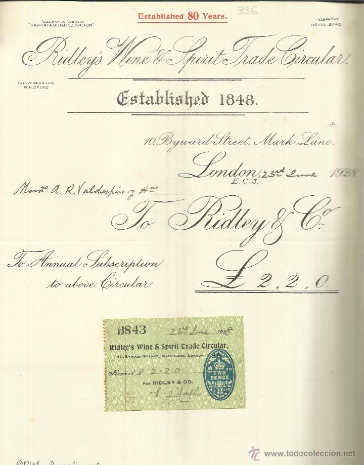Fatture antiche: FACTURA DE RIDLEY'S WINE & SPIRIT TRADE CIRCULAR. LONDON. GRAN BRETA&Ntilde;A. 1928
