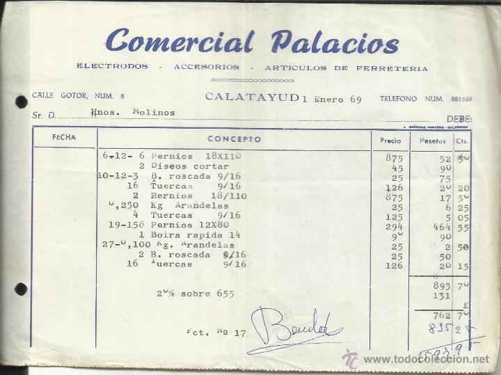 Facturas antiguas: FACTURA DE COMERCIAL PALACIOS. ELECTRODOS. ACCESORIOS. CALATAYUD. ZARAGOZA. 1969