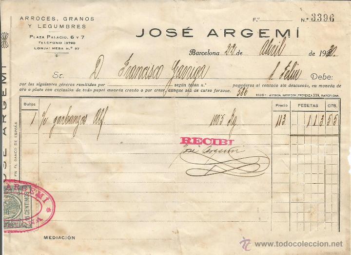 Factures anciennes: FACTURA ARROCES, GRANOS Y LEGUMBRES  JOS&Eacute; ARGEMI - BARCELONA A&Ntilde;O 1930