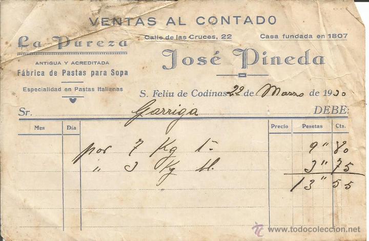 Factures anciennes: FACTURA VENTAS AL CONTADO FABRICA DE PASTAS PARA SOPA LA PUREZA JOSE PINEDA - SAN FELIU DE CODINAS