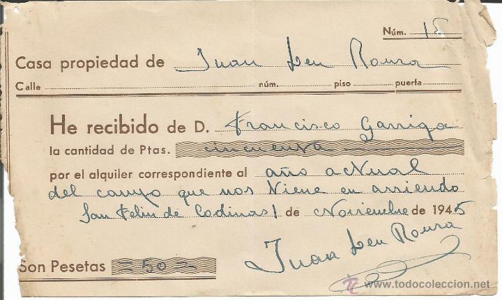 Factures anciennes: FACTURA RECIBO PAGO DE UN A&Ntilde;O DE CASA - SAN FELIU DE CODINAS 1945 - BARCELONA