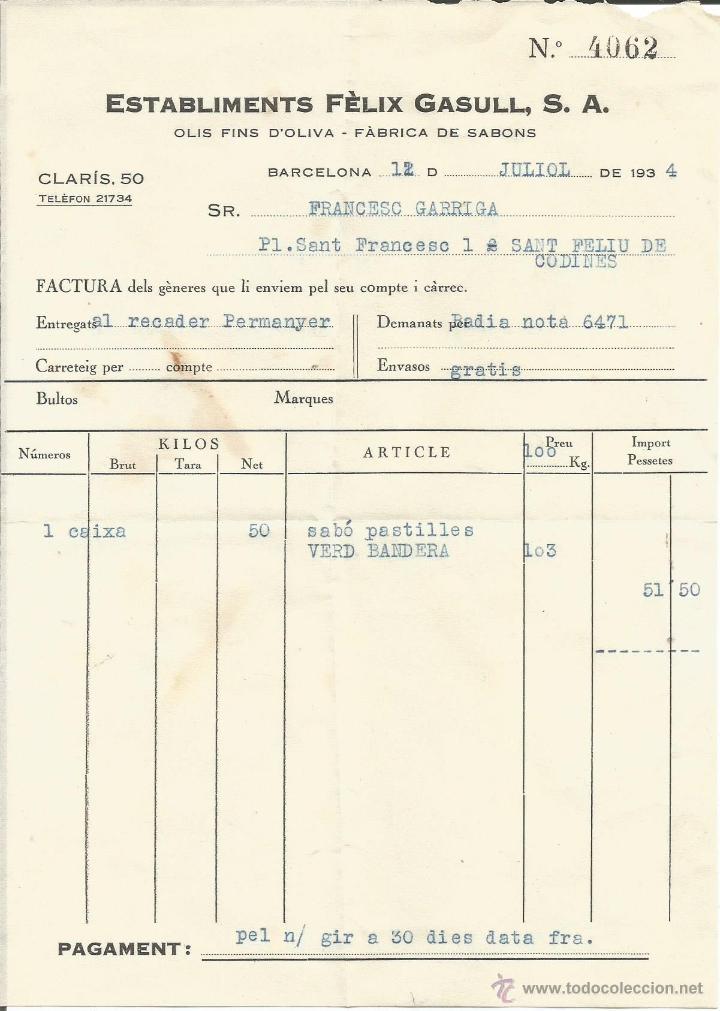 Factures anciennes: FACTURA RECIBO FELIX GASULL FABRICA DE SABONS - BARCELONA 1934