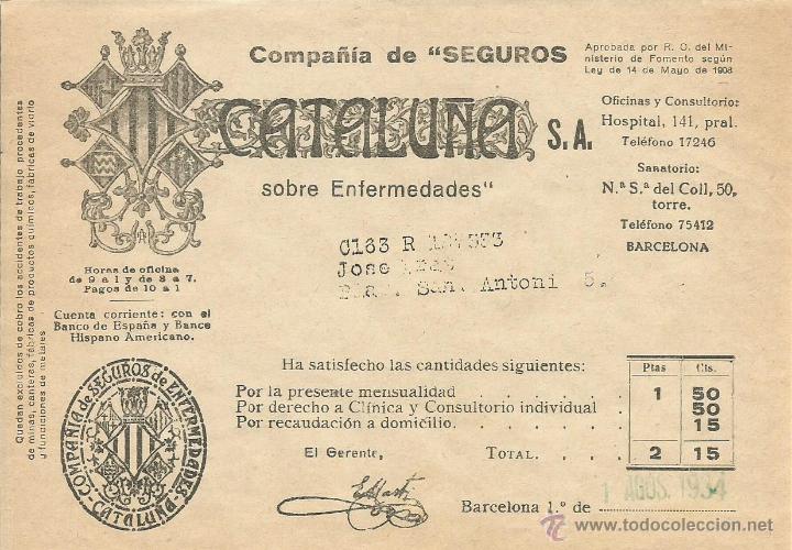 Factures anciennes: FACTURA ALBARAN COMPA&Ntilde;IA DE SEGUROS CATALU&Ntilde;A SOBRE ENFERMEDADES - BARCELONA 1934 -