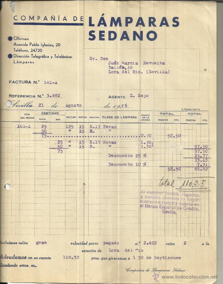 Factures anciennes: FACTURA DE COMPA&Ntilde;&Iacute;A DE L&Aacute;MPARAS SEDANO. AGENTE E. ROJO. SEVILLA. 1935
