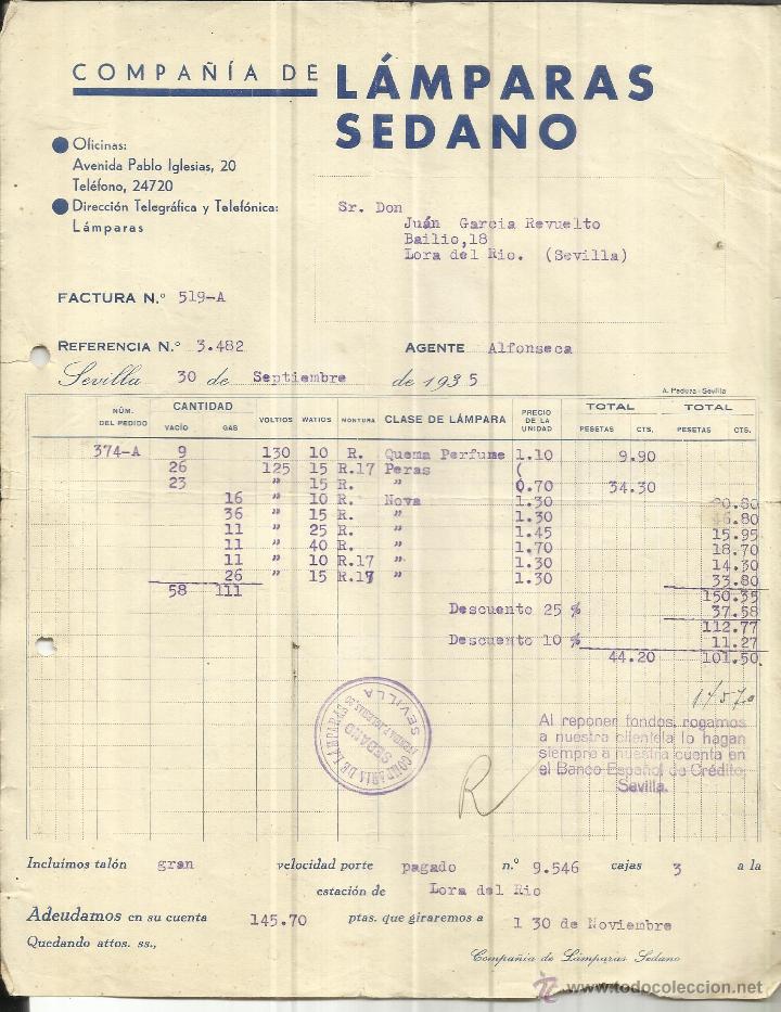 Factures anciennes: FACTURA DE COMPA&Ntilde;&Iacute;A DE L&Aacute;MPARAS SEDANO. AGENTE ALFONSECA. SEVILLA. 1935