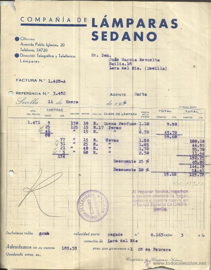 Factures anciennes: FACTURA DE COMPA&Ntilde;&Iacute;A DE L&Aacute;MPARAS SEDANO. AGENTE CARTA. SEVILLA. 1935