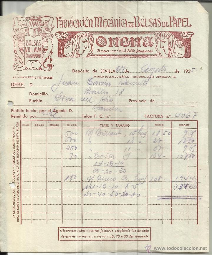 Factures anciennes: FACTURA DE ONENA SDAD. LIMITADA. BOLSAS DE PAPEL VILLAVA. PAMPLONA. NAVARRA. 1935