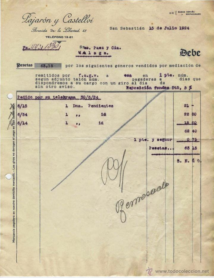 Alte Rechnungen: FACTURA. LAJARON Y CASTELLOI. SAN SEBASTI&Aacute;N 15 DE JULIO 1924