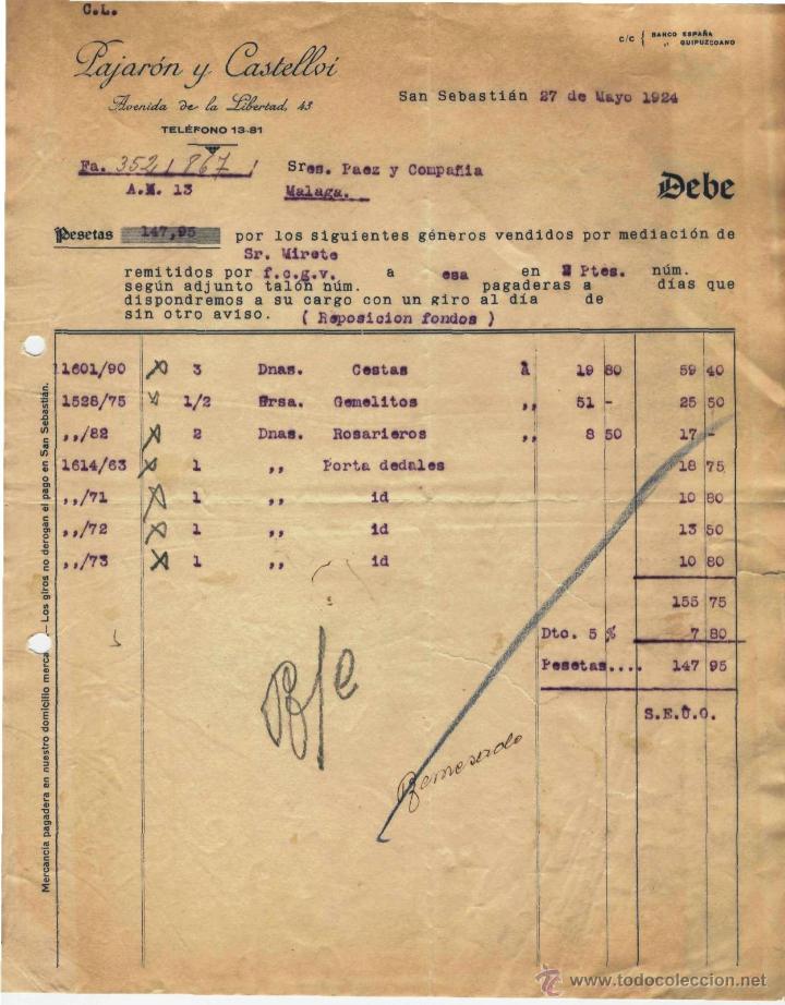 Alte Rechnungen: FACTURA. LAJARON Y CATELLOI. SAN SEBASTI&Aacute;N 27 DE MAYO DE 1924