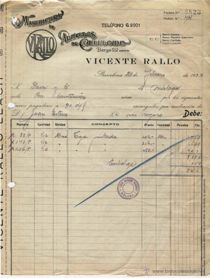 Alte Rechnungen: FACTURA. VICENTE RALLO. MANUFACTURA DE ARTICULOS DE CELULLOIDE. BARCELONA 21 DE FEBRERO DE 1924