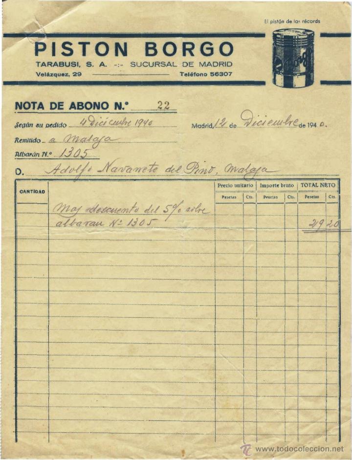 Alte Rechnungen: FACTURA. PISTON BORGO. TABARUSI, S.A. 12 DE DICIEMBRE DE 1940