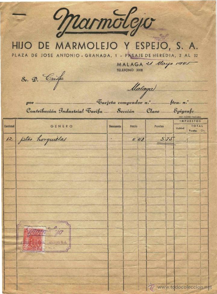 Factures anciennes: MARMOLEJO. HIJO DE MARMOLEJO Y ESPEJO, S.A. PLAZA DE JOSE ANTONIO-GRANADA, 21 DE MAYO DE 1945