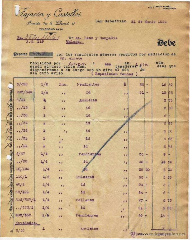 Factures anciennes: FACTURA. LAJAR&Oacute;N Y CASTELLOI. Avenida de la Libertad 43. Sr Wirete. San Sebasti&aacute;n 21 de Junio 1924