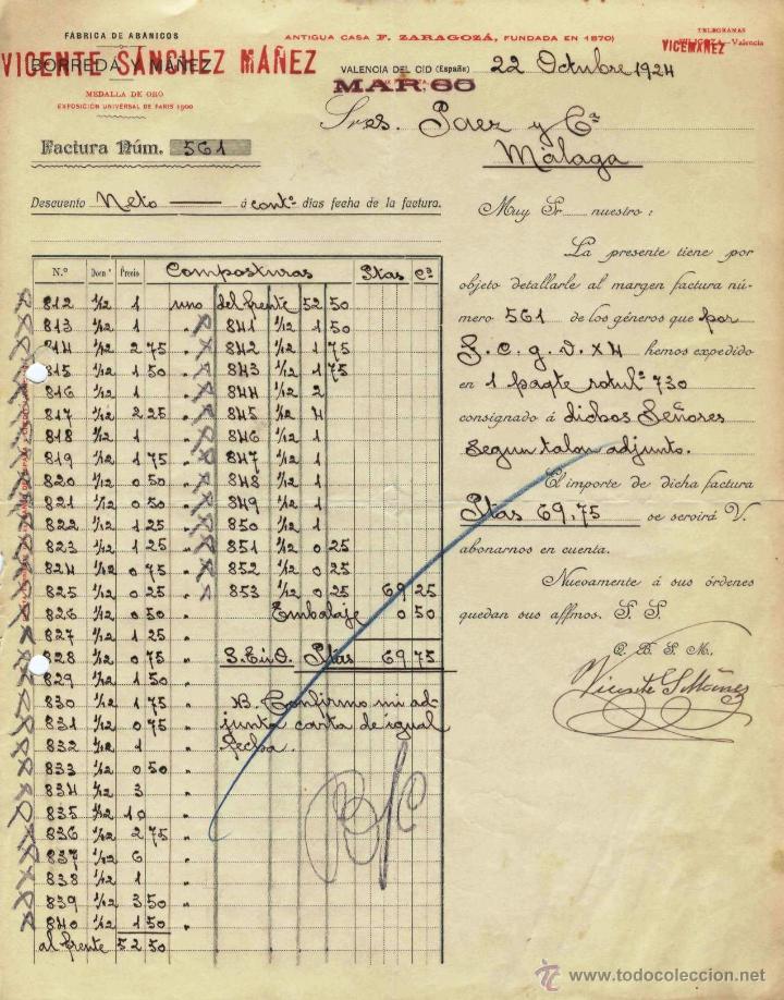 Factures anciennes: FACTURA VICENTE SANCHEZ MA&Ntilde;EZ. F&Aacute;BRICA DE ABANICOS BORRED&Aacute; Y MA&Ntilde;EZ. 22 DE OCTUBRE DE 1924
