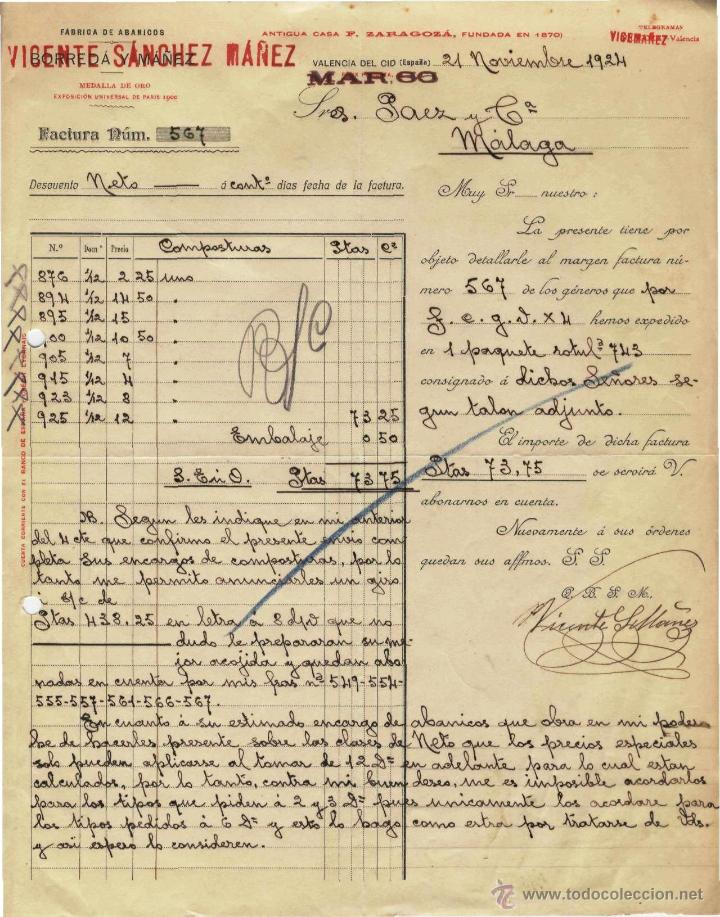 Factures anciennes: FACTURA, VICENTE SANCHEZ M&Aacute;&Ntilde;EZ. F&Aacute;BRICA DE ABANICOS BORRED&Aacute; Y M&Aacute;&Ntilde;EZ. VALENCIA 21 NOVIEMBRE 1924