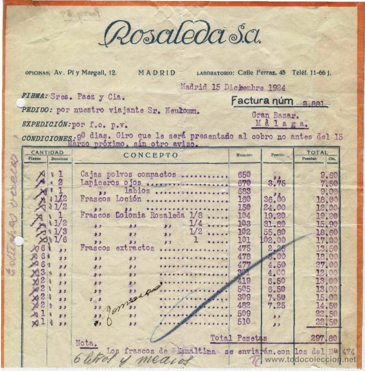 Factures anciennes: FACTURA ROSALEDA S.A.. Sres, Pa&eacute;z y Cia. Madrid 15 de Diciembre de 1924