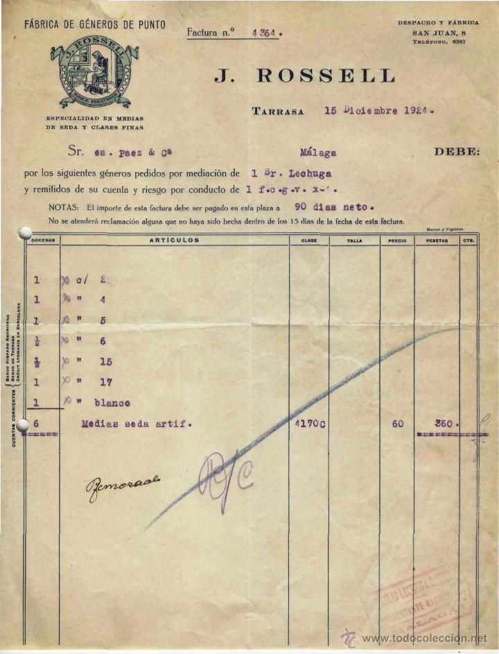 Factures anciennes: FACTURA, J. ROSSELL. F&Aacute;BRICA DE G&Eacute;NEROS DE PUNTO. ESPECIALIDAD EN MEDIAS DE SEDA. TARRASA 1924