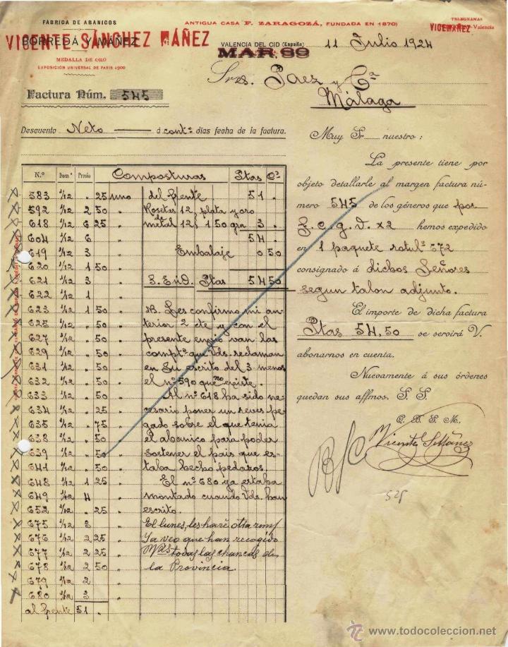 Factures anciennes: FACTURA, VICENTE SANCHEZ M&Aacute;&Ntilde;EZ. FABRICA DE ABANICOS. 11 DE JULIO DE 1924
