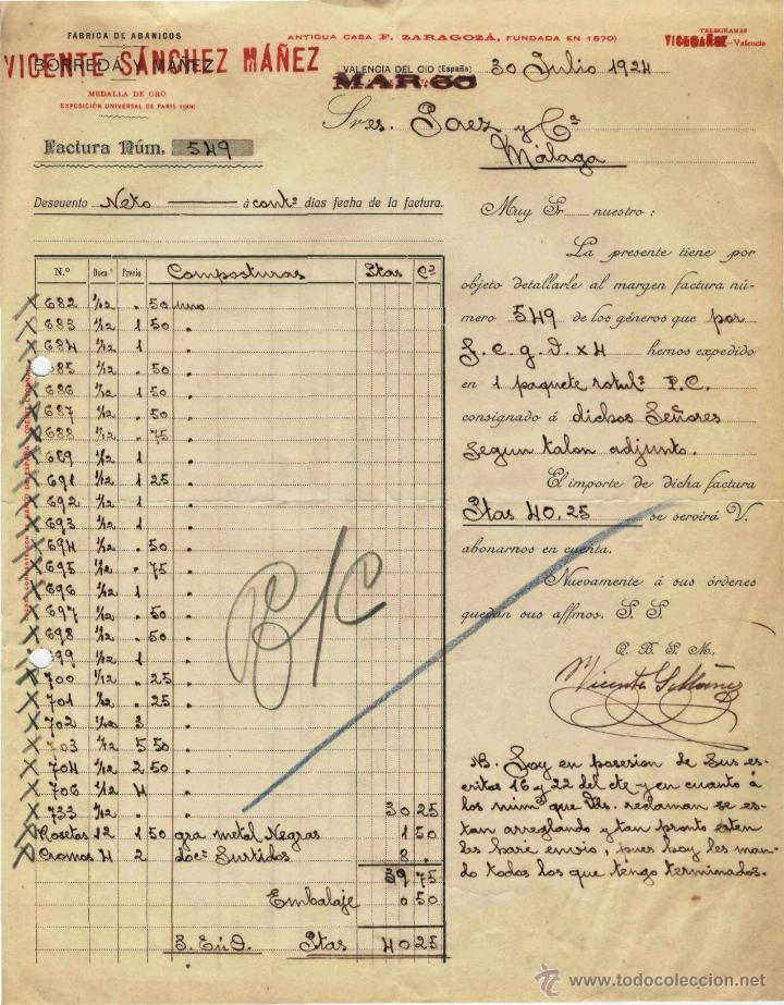 Factures anciennes: FACTURA, VICENTE S&Aacute;NCHEZ MA&Ntilde;EZ. FABRICA DE ABANICOS. 30 JULIO 1924