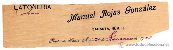Factures anciennes: MEMBRETE DE FACTURA. MANUEL ROJAS GONZ&Aacute;LEZ. LATONERIA. PUERTO DE SANTA MAR&Iacute;A.