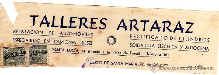 Factures anciennes: MEMBRETE DE FACTURA. TALLERES ARTARAZ. 23 FEBRERO 1950. PUERTO DE SANTA MAR&Iacute;A.